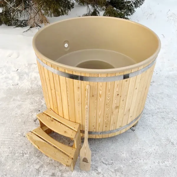 купель шишка с пластиковой вставкой 2000мм (бежевая чаша/светлый фасад) в комплекте печь